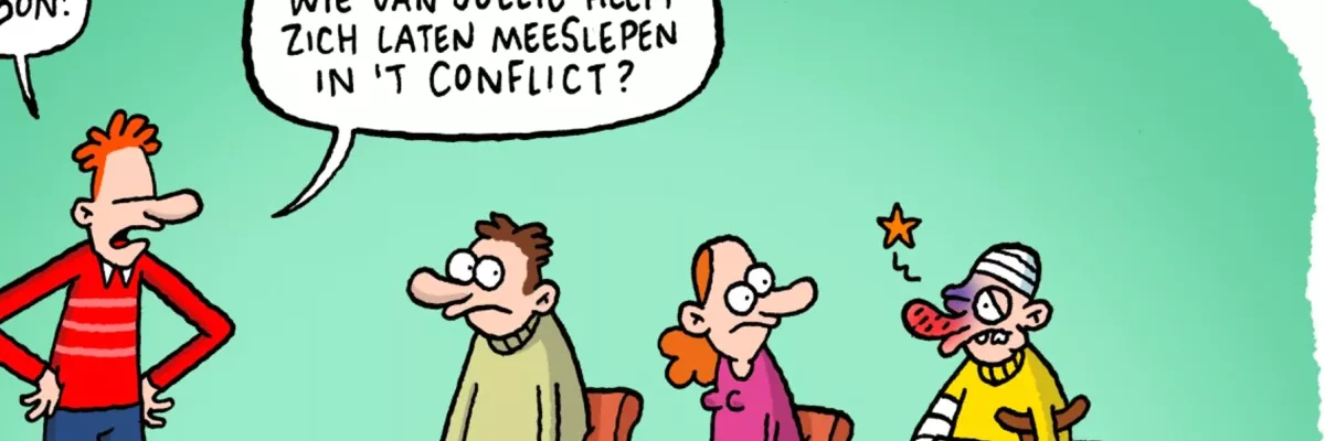 Cartoon waarin hulpverleners zich laten meeslepen in een conflict tussen ouders