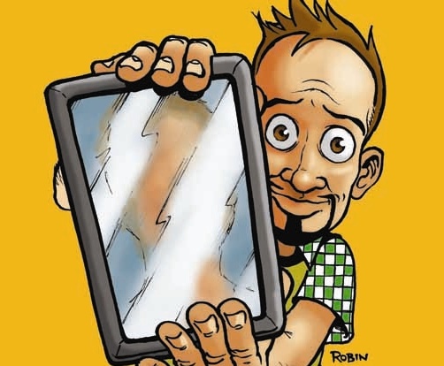 cartoon van een man die een spiegel vasthoudt, als beeld van 'zelfreflectie'